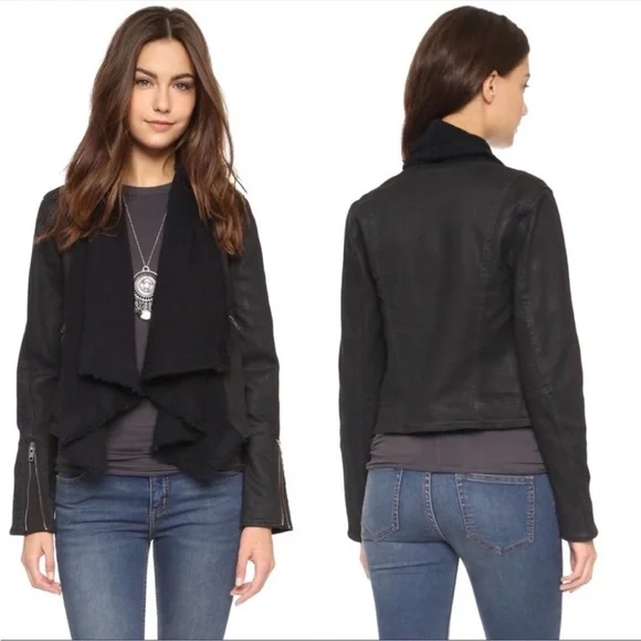 Free People Coated Denim Drape Front Moto Jacket Black Waterfall Collar XS 0 - Picture 1 of 14